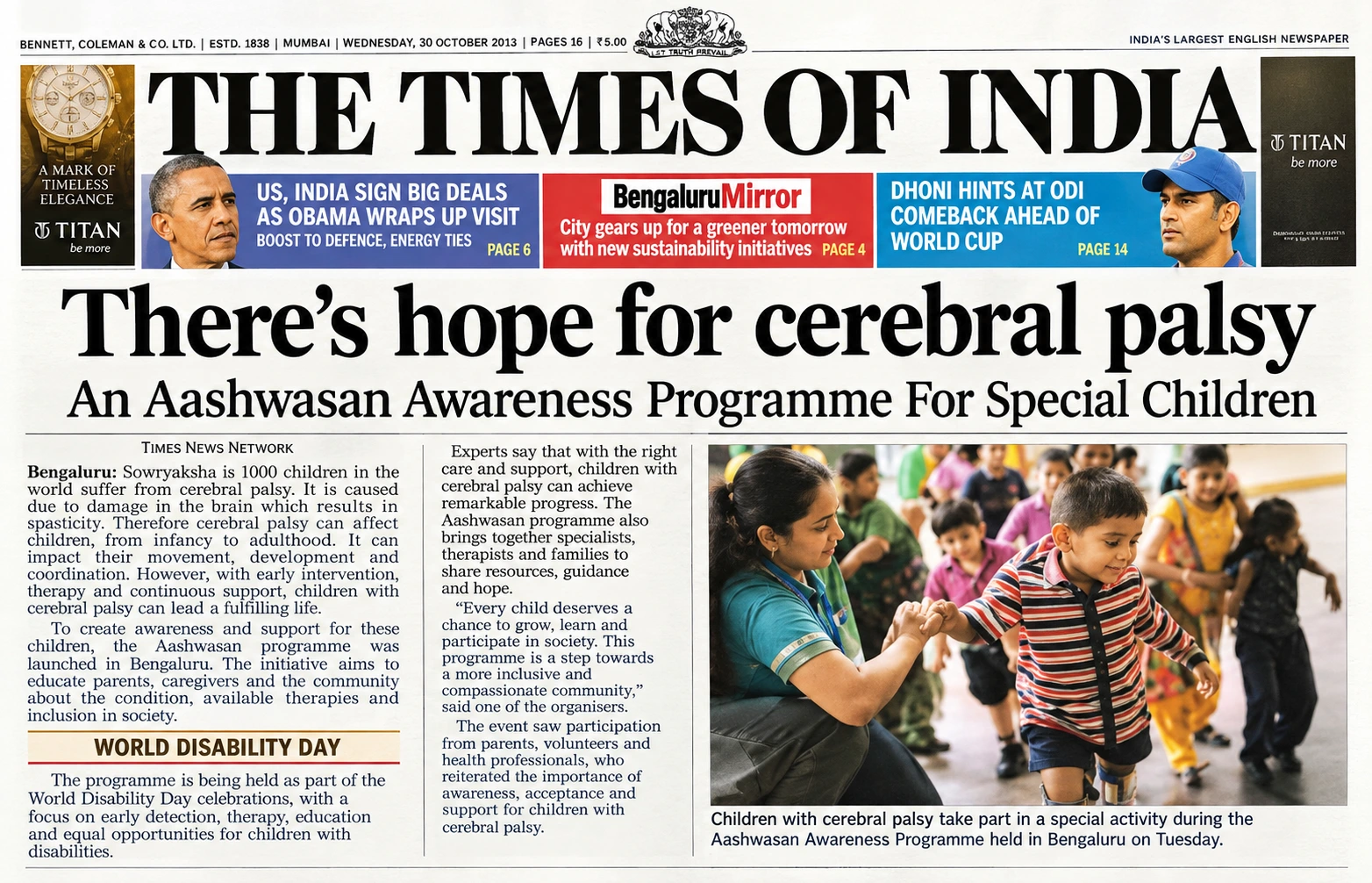 Theres Hope for Cerebral Palsy in The Times of India on 4th Dec 2010