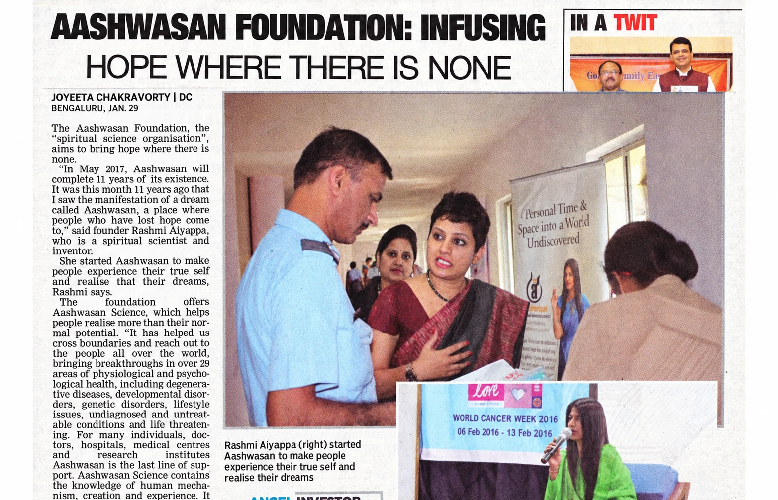 Aashwasan Foundation - Infusing, Hope Where there is None in Deccan Chronicle on 30th Jan 2017